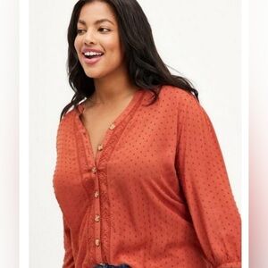 Torrid Womens Shirt Swiss Dot Swiss Dot Button Front Top Rust Redwood 3X - EUC